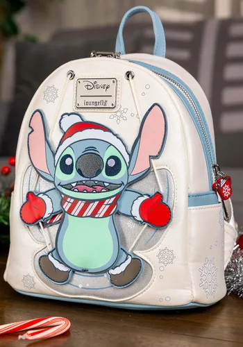 Vista 2 de Loungefly Disney Stitch Holiday Snow Angel - Mini mochila con purpurina, Blanco, Mini mochila