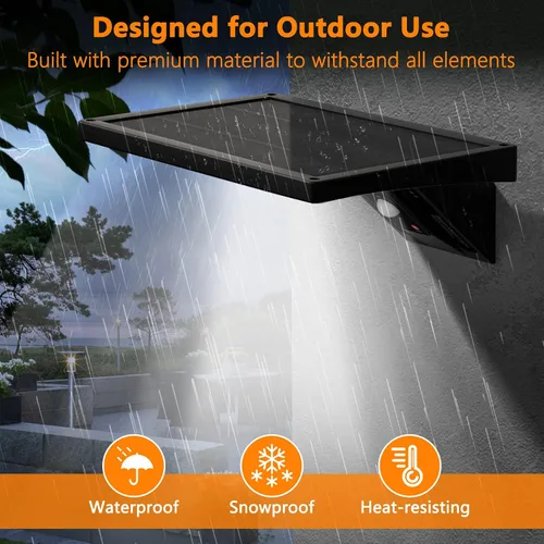 Vista 5 de Lámpara de pared solar para exteriores, 1050 lm IP65 impermeable tipo 2, lente óptica 104 LED, 3 modos de iluminación, luz de pared con sensor