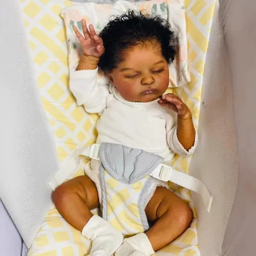 Vista 3 de Muñecas de bebé Reborn negras realistas de 19 pulgadas, de vinilo suave, realista, cuerpo pesado, cuerpo pesado, muñeca afroamericana con pelo