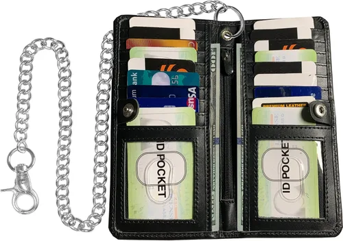 Vista 2 de IBRO Cartera larga de cadena de motocicleta con bloqueo RFID para hombres, Aniline Negro, Plegable y clásico