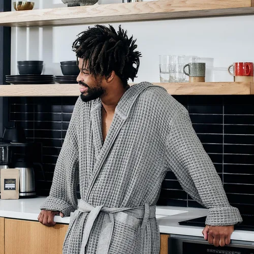 Vista 9 de ONSEN Bata de baño tejido de gofre 100% algodón Supima con capucha, bata de baño de punto gofre de absorción rápida, unisex de algodón