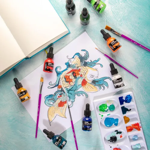 Vista 5 de Mont Marte Tinta acrílica premium de 6 piezas x 20 ml (0,7 fl.oz. EE.UU.), tintas acrílicas para artistas, colores esenciales, ideal para aerógrafo