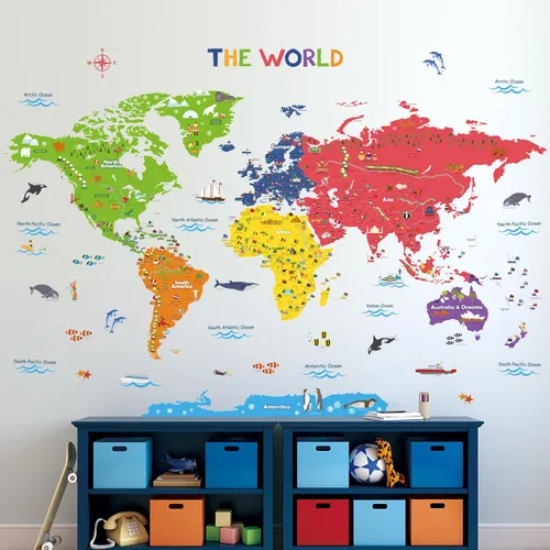 Vista 2 de Decowall - Calcomanías coloridas con mapa del mundo, removibles, se pelan y pegan, ideal para recámaras de niños, salas