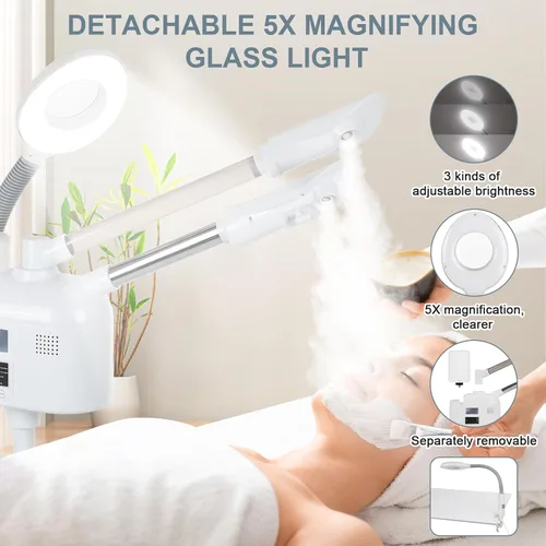 Vista 4 de VARIPOWDER Vaporizador facial profesional 3 en 1 para cara con boquilla caliente y fría, lámpara de aumento 5X, vaporizador facial para esteticista