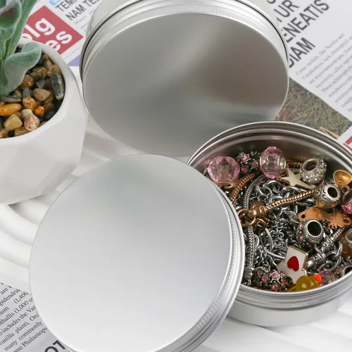 Vista 2 de 8 latas de aluminio redondas vacías con tapas de 4 onzas, color plateado Plata