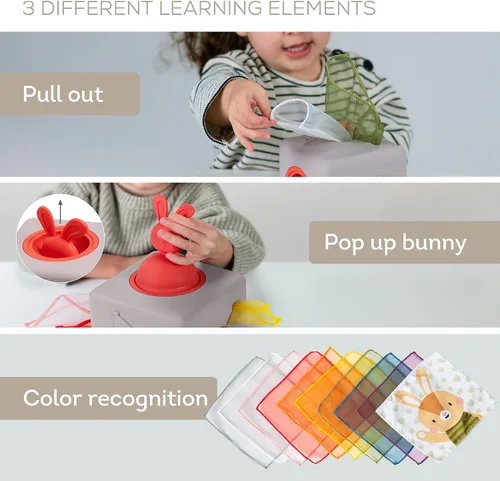 Vista 10 de Taf Toys Caja de pañuelos para bebé con conejito emergente - Actividad sensorial Montessori con 10 pañuelos de tela para el desarrollo motor fino