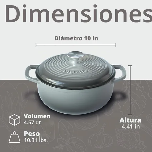 Vista 2 de Segretto Cookware Horno holandés de hierro fundido esmaltado con tapa, 4.57 cuartos de galón, Grigio Scuro (gris degradado) Horno holandés