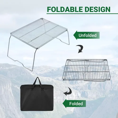 Vista 4 de YETO Parrilla de camping de dos alturas con patas de acero inoxidable 304 plegable para fogata sobre fuego portátil y bolsa de transporte