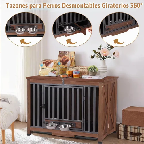 Vista 3 de Mueble de jaula para perros plegable, mesa de madera para perros con cuencos removibles giratorios de 360° y bandeja, perrera moderna para perros