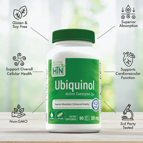 Vista 3 de Health Thru Nutrition Ubiquinol 50 mg 90 cápsulas blandas como Kaneka QH Reduced CoQ-10 Estabilizado - Probado por terceros Biodisponibilidad