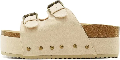 Vista 2 de Women's Cork Footbed Slides Dual Buckled Straps Platform Clogs Suede Slip-on Flatform Sandals Comfort Slippers