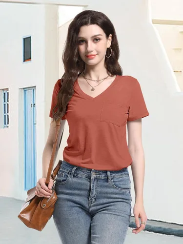 Vista 5 de PGANDS Camisetas de verano para mujer, cuello en V, manga corta, casual, básica, ajuste holgado