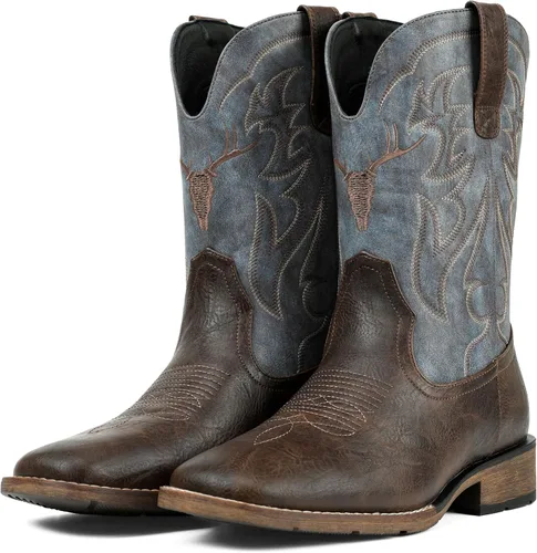 Vista 5 de Cowboy Boots for Men Square Toe Western Boots Retro Classic Embroidered Pull On Boot Azul-marrón bruñido