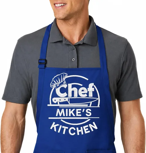 Vista 10 de Delantal bordado personalizado con nombre personalizado. Delantal de calidad profesional para hombres y mujeres. Diseño de cocina