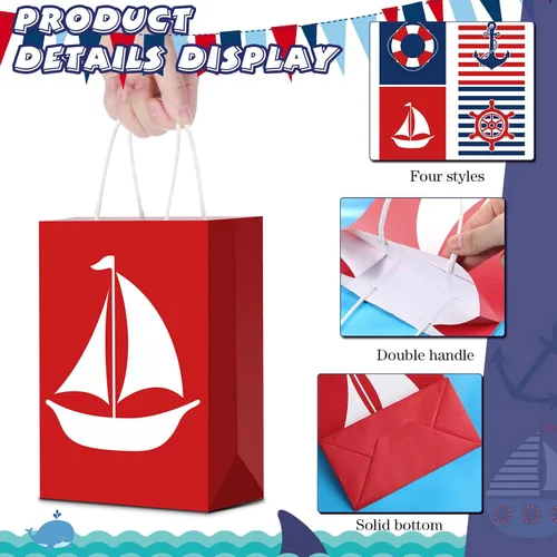 Vista 5 de Sepamoon Paquete de 16 bolsas de regalo náuticas, bolsas de papel para fiestas náuticas y papel de seda con asas, anclajes marinos, golosinas