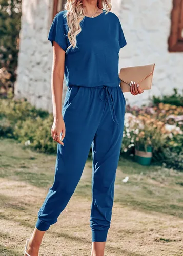 Vista 2 de KIRUNDO Overol casual de verano para mujer, de manga corta, cuello redondo, cordón, cintura elástica, con bolsillos