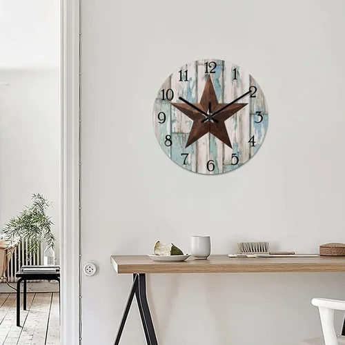 Vista 5 de Reloj de pared vintage con estrella de Texas occidental de madera rústica, sin tictac, silencioso, funciona con pilas, fácil de leer, elegante reloj