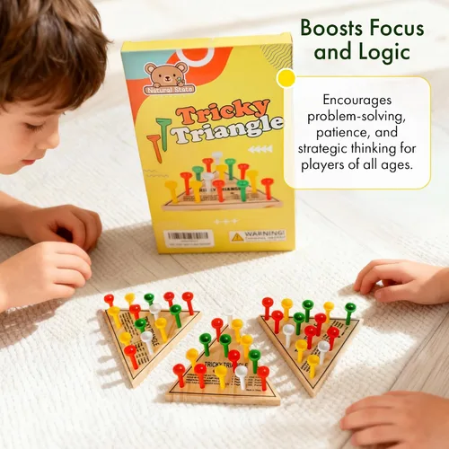 Vista 2 de Paquete de 3 – Juego de mesa con clavija triangular de madera – Mini juego de viaje retro