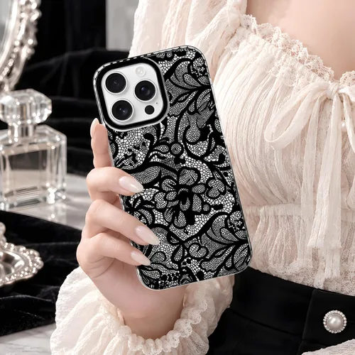 Vista 7 de NITITOP Funda para iPhone 13 Pro con flores de encaje transparente - Negro