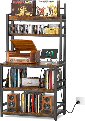 Vista 9 de Soporte para tocadiscos con almacenamiento de vinilo, soporte giratorio de 5 niveles con capacidad para más de 500 álbumes, mesa grande