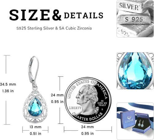 Vista 116 de Aretes colgantes de plata de ley con diseño de árbol de la vida, flor, abeja, animales, gato, colibrí, piedra lunar, turquesa, aretes con cierre