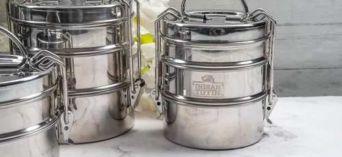 Vista 7 de Indian-Tiffin Lonchera Tiffin grande de acero inoxidable de 3 niveles