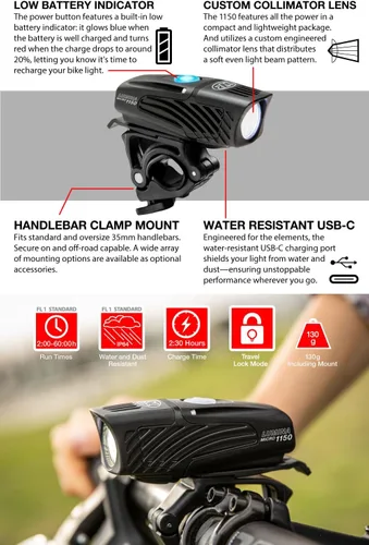Vista 4 de NiteRider Lumina Micro - Luz delantera recargable USB-C de 1150 lúmenes – 5 modos de luz LED compacta, IP64 impermeable para ciclismo de carretera
