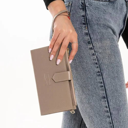 Vista 7 de Cartera de cuero genuino para mujer con protección RFID, cartera plegable para teléfono celular, con cremallera, diseño delgado, con múltiples