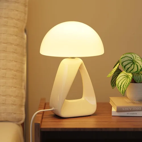Vista 11 de Lámpara de hongo, pequeña lámpara de mesa para dormitorio, lámpara de noche creativa geométrica con base de cerámica, lámpara de mesa auxiliar