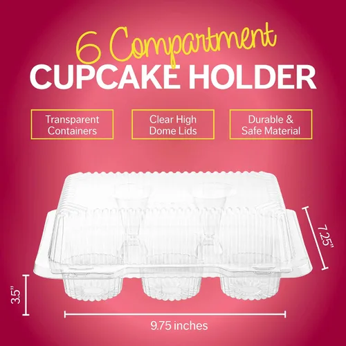 Vista 5 de Cajas de plástico para cupcakes 6 compartimentos – Paquete de 42 Soporte desechable de docena de magdalenas con tapa a granel Cajas apilables