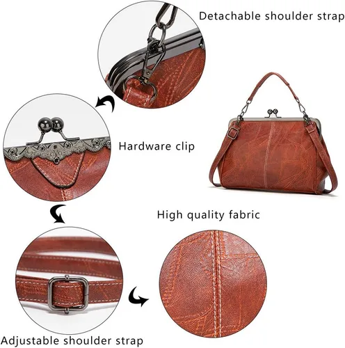 Vista 6 de Bolso vintage Kiss Lock para mujer, de cuero aceitado, bolso de mano