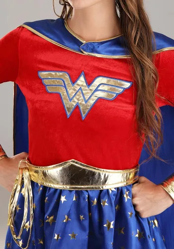 Vista 4 de Disfraz de la Mujer Maravilla, vestido de superhéroe de manga larga rojo, blanco y azul para Halloween