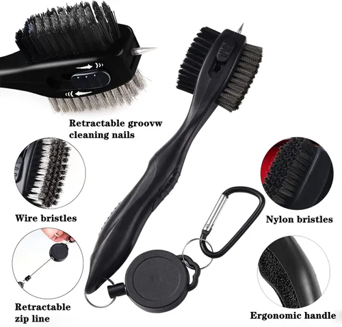 Vista 3 de Cepillos para Palos de Golf, Herramienta de Limpieza de Golf, con Uñas de Limpieza Retráctiles, Cerdas de Nylon y Alambre, Cabezal de Cepillo Doble