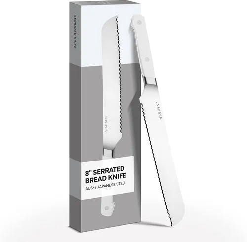 Vista 16 de Misen Cuchillo de Pan Dentado - Acero Japonés AUS8 de Alto Carbono - Perfecto para Alimentos Suaves, Pan, Pasteles y Frutas - Rebanador Versátil
