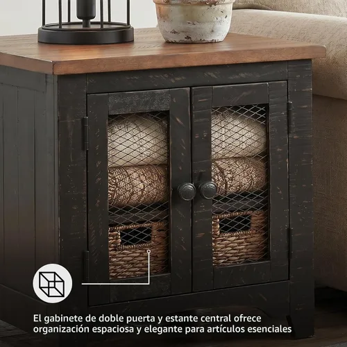 Vista 5 de Signature Design by Ashley Valebeck - Mesa auxiliar rectangular de campo con almacenamiento, acabado marrón envejecido y negro