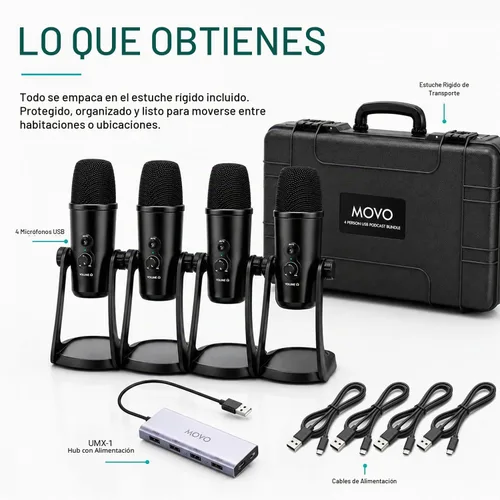 Vista 3 de Movo - Paquete de equipo de podcast USB para 4 personas, 4 micrófonos de condensador, Hub y estuche Negro