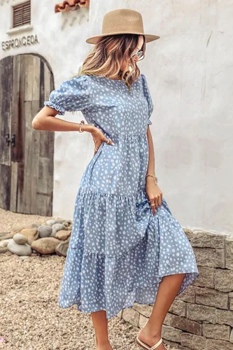 Vista 8 de PRETTYGARDEN - Vestido para mujer, estilo veraniego, bohemio y casual, con manga corta, estampado floral y volantes, fluido, largo por debajo