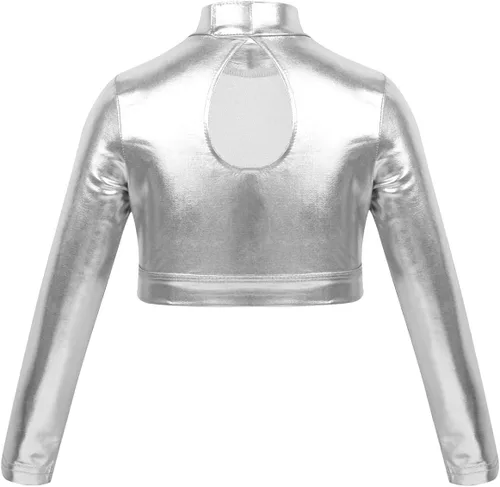 Vista 2 de TiaoBug Camiseta corta de manga larga con cuello alto falso para niñas y niñas, atlética, brillante, metálica, para danza, camiseta deportiva lisa