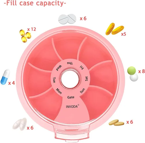 Vista 5 de 12 PIEZAS INVODA - Organizador semanal de pastillas con 7 compartimentos, pastillero giratorio para medicación diaria y vitaminas - Estuche portátil