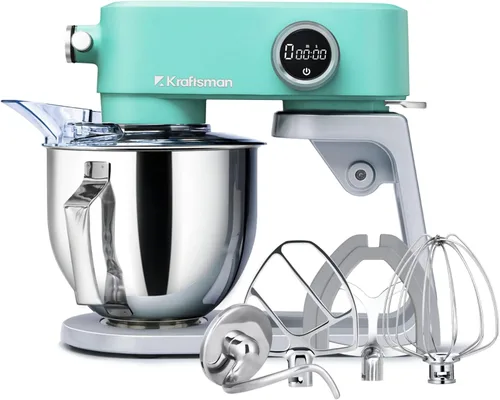 Vista 11 de Batidora de pie de metal con motor de corriente continua - Mezclador de masa de pizza resistente de 5.3 cuartos de galón con 4 accesorios de acero