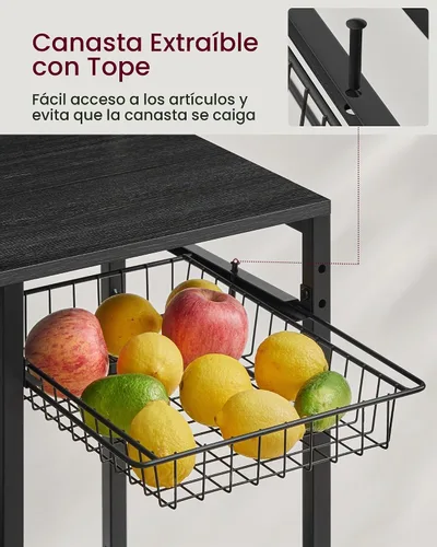 Vista 8 de VASAGLE - Estante para panadero, soporte para microondas de 35.4 pulgadas con cesta de alambre, 8 ganchos Para especias, ollas y sartenes, gris