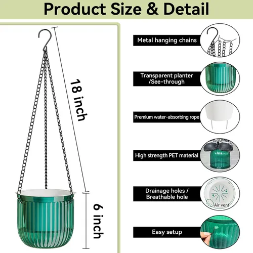 Vista 2 de ZeeDix Paquete de 3 macetas colgantes de 6.5 pulgadas para plantas de interior, macetas colgantes de riego automático con 3 ganchos y drenaje