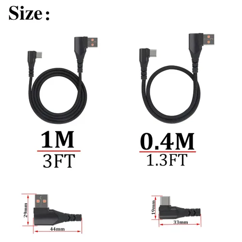 Vista 2 de Cable USB 3.1A a tipo C, paquete de 2 (1.3 pies y 3.3 pies), trenzado de nailon, ángulo recto, carga rápida, sincronización de datos, compatible