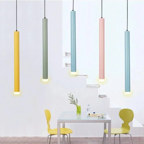 Vista 3 de Lámpara colgante de tubo de luz cálida nórdico amarillo cilíndrico de una sola cabeza Downlight lámpara colgante para isla de cocina comedor tienda