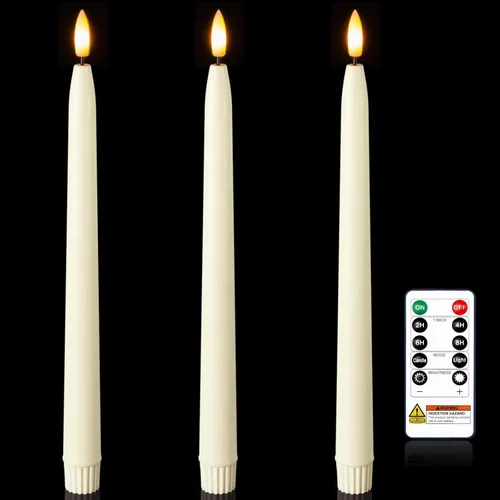Vista 16 de Homemory Velas cónicas cerosas sin llama de 11 pulgadas con temporizador remoto, 3 velas cónicas que funcionan con pilas con llama parpadeante