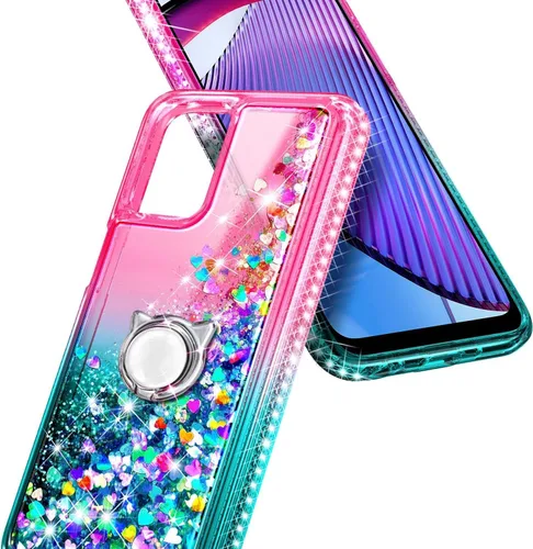 Vista 5 de NZND Diseñada para Motorola Moto G Power 5G 2023, bonita funda con purpurina líquida flotante con protector de pantalla de vidrio templado, soporte