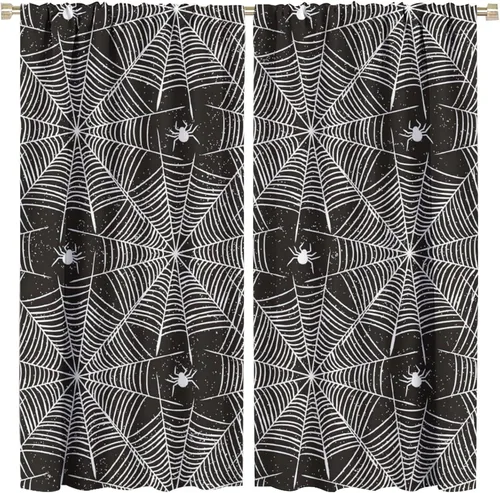 Vista 23 de Cortinas opacas de tela de araña aterradora para niños, tela de araña en blanco y negro, fondo rojo, dormitorio de niños, guardería, decoración