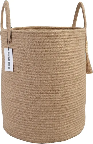Vista 10 de XUANGUO Cesta de cuerda de algodón negro para ropa sucia, cesta de almacenamiento tejida para sala de estar, dormitorio, cesta de cuerda alta