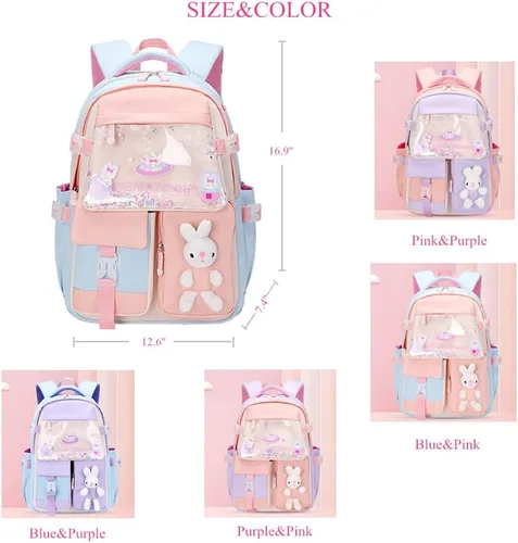Vista 2 de Mochila Kawaii para niñas escolares mochila de conejito para niños, mochila casual linda para exteriores, A-rosa y púrpura, Mochila