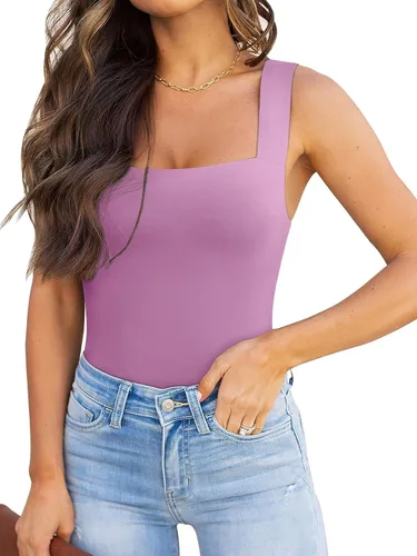 Vista 51 de Reoria - Camiseta sin mangas sexy tipo body con escote cuadrado para mujer, ropa para discoteca